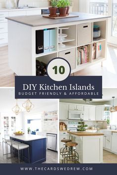 the kitchen island is surrounded by white cabinets and blue stools, with text overlay that reads diy kitchen islands budget friendly & appealing