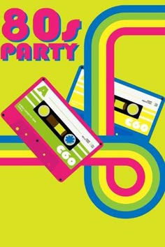 an 80s party poster with cassettes and tape on the side, against a green background