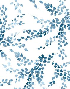 blue leaves on a white background are arranged in the shape of an abstract tree branch