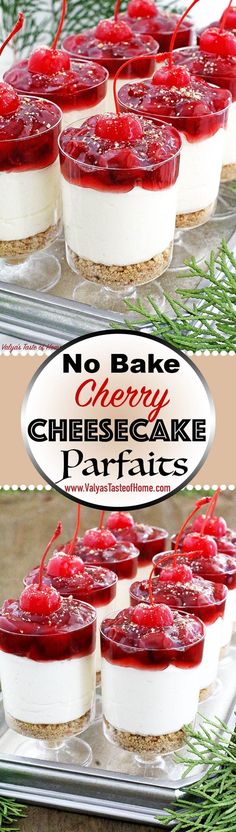 no bake cherry cheesecake parfaits on a platter with pine branches