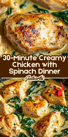 chicken with spinach and cheese in a skillet