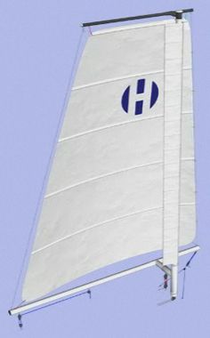 a white sail boat in the air with a blue logo on it's side