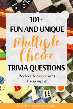 the words fun and unique multiple choice trivia questions on top of an assortment of toys