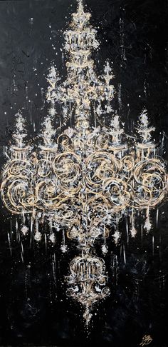 a painting of a chandelier on a black background with white and gold accents