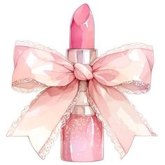 a pink lipstick with a bow on the top is shown in watercolor and ink