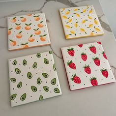 Hand Painted Fruit coasters coated in Resin Paint Coaster Ideas, Fruit Coasters Paint, Coffee Coasters Diy, Tile Coaster Ideas, Ceramic Coasters Painted, Ceramic Fruit Coasters