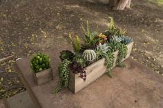 two wooden planters filled with succulents sitting on top of a cement slab