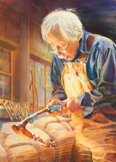 an older man is working on something with a hammer in his hand and some bread behind him