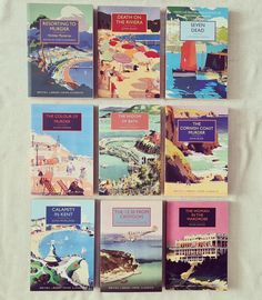 six books on the same page, each with an image of a beach and pier