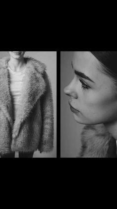 two photos of a woman wearing a fur coat and standing next to a mannequin