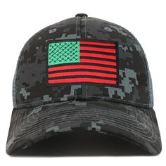 50% Cotton , 50% Nylon Quality Red Green Black American flag embroidered patched camo patterned structured mesh trucker cap 6 panels, mid profile, structured crown, front 2 panels with 4 mesh back panels Stiff and pre-curved bill, same camo pattern under bill Finished with an adjustable plastic snapback closure One Size Fits Most Shipping and Handling - Usually ships in 1-2 business days - Standard shipping takes 3-5 business days, Priority shipping takes 2-3 business days. (Domestic) Return &am Military Camouflage Trucker Hat For Sports, Black Military Trucker Hat, Military Style Camouflage Trucker Hat For Sports, Camouflage Military Trucker Hat For Streetwear, Snapback Baseball Cap For Memorial Day Outdoor, Military Camouflage Trucker Hat With Curved Bill, Military Style Camouflage Snapback Trucker Hat, Camouflage Trucker Baseball Cap, Military Style Trucker Hat With Flat Bill