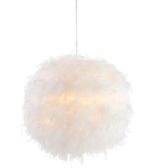 a white light hanging from a ceiling with some feathers on it's end and the lights turned off