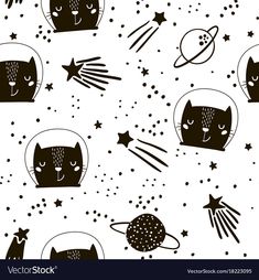 black and white cats with stars and planets on a white background seamless wallpaper