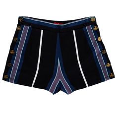 ▪ Vivienne Westwood navy wool hot pants ▪ 100% Wool ▪ Turquoise, teal, grey and white stripes ▪ Twelve gold Orb etched buttons ▪ IT 40 - FR 36 - UK 8 - US 4 ▪ Spring-Summer 1994 Striped Summer Bottoms With Buttons, Striped Bottoms With Buttons For Summer, Vivienne Westwood Tops, Vivienne Westwood Fashion, Ella Mai, Silk Kimono Jacket, Png Clothes, Super Fly, Desired Reality