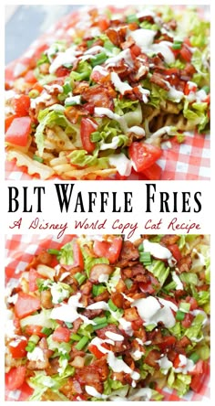 two plates with different types of food on them and the words, blt waffle fries