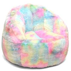 the rainbow colored bean bag chair is made from fluffy material and has a large, round cushion