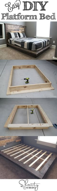 the bed frame is made out of pallet wood and has been built into a platform