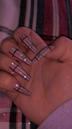 Burberry Nails Coffin, Burberry Acrylic Nails, Red Burberry Nails, Fall Burberry Nails, Burberry Nails Design, Burberry Nails, Gucci Nails, Purple Acrylic Nails, Sunflower Nails