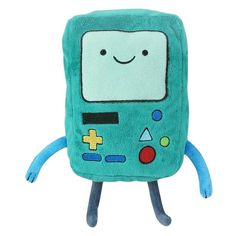 a blue plush toy with a smiling face