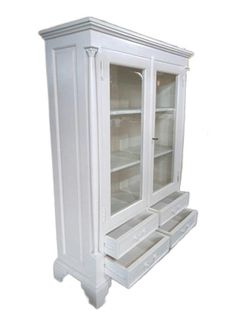 a white china cabinet with drawers and shelves