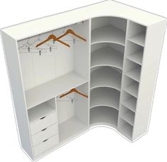 an open closet with white shelves and wooden hangers