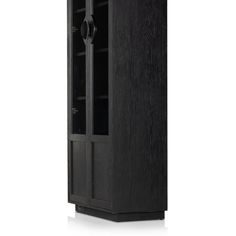 a tall wooden cabinet with glass doors on one side and an open door on the other