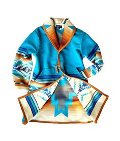 Pagosa Springs Mid-length Stadium Coat Made from the Pendleton® Pagosa Springs Wool blanket, the beautiful turquoise represents hot blue springs where Southern California Utes were known to bathe, rising through fire to bring health and peace.   Navy trim, two front patch pockets, and loop/toggle closure.  Wear it open or close at the waist with a toggle.  Designed for a slightly oversized fit.  Sleeves length allows for a cuff if desired.  Blanket weight, shawl collar.  XS, S, M, L 82% pure virgin wool / 18% cotton Unlined Dry clean only Made in the USA     Flat Lay measurements:  X-Small:  Chest - 21.5" Sleeve length:  24" (unrolled) Bicep - 7" Shoulder to shoulder across back - 16.5" Length - 35" Small:  Chest - 22"   Sleeve length- 25" (unrolled) Bicep - 7.5" Shoulder to shoulder acros Native American Blanket, Beanie Fits, Pagosa Springs, Hot Blue, Pendleton Woolen Mills, Blanket Coat, Pendleton Wool, Knitted Baby Blankets, Blue Springs