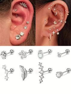 four pairs of ear piercings with crystal stones and leaves on each side, including an arrow