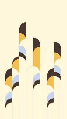 four tall poles with blue, yellow and brown designs on them against a beige background