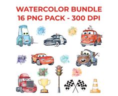 the watercolor bundle includes cars, trucks and trophies