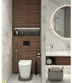 a bathroom with a toilet, sink and mirror in the wall next to each other