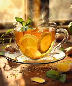 a glass cup filled with tea and sliced lemons