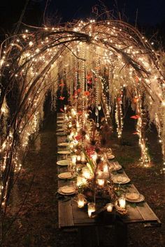 a long table with candles and lights under an arch covered in branches, surrounded by trees