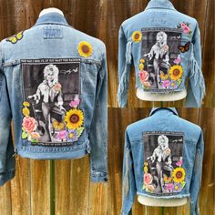 Dolly jacket #1 size small with denim fringe  Dolly jacket #2 thigh level size medium  Dolly jacket #3 size large with crystal fringe Funky Denim Jackets, Painted Jean Jacket Country Concert, Painted Denim Jacket Ideas, Diy Jean Jacket Ideas, Dolly Parton Denim Jacket, Diy Jacket Refashion, Dolly Parton Denim, Shirt Upcycle Diy, Artistic Clothes