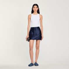 Satin short skirt | Sandro US Satin Short Skirt, Co Ord Suit, Short Pollera, Skirt Satin, Blazer And T Shirt, Satin Mini Skirt, Satin Short, Sandro Paris, Satin Midi Skirt