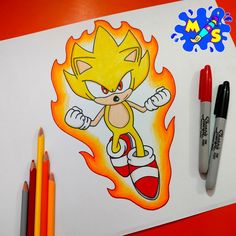 a drawing of sonic the hedgehog on paper with markers