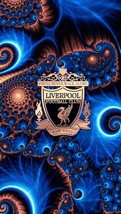 the liverpool football club logo is surrounded by blue swirls and swirling designs on a black background