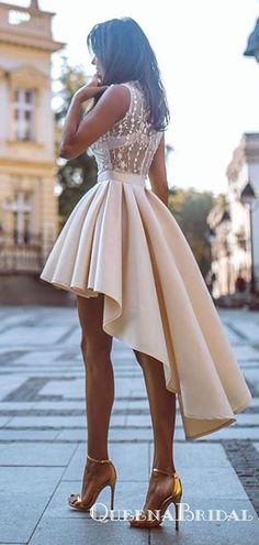 High Low V-neck Cheap Champagne Homecoming Dresses With Appliques, QB0 – QueenaBridal Satin Homecoming Dresses, Champagne Homecoming Dresses, High Low Prom Dress, Beading Embroidery, Dresses Fancy, Dress Display, Formal Ball Gown, High Low Prom Dresses, Satin Homecoming Dress