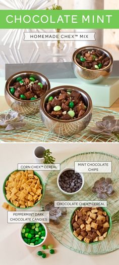 the ingredients for chocolate mint snack mix are shown in separate bowls and on top of each other