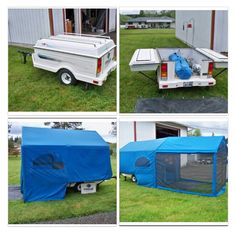 four different views of a trailer with a tent attached to the back and side walls