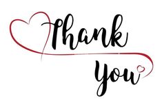 the words thank you written in black ink on a white background with a red heart