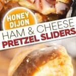 a person holding up a piece of food in their hand with the words ham and cheese pretzel sliders on it