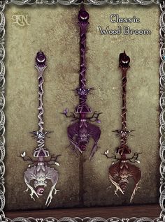 three different types of swords are shown in the frame, one is purple and one is white