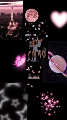 the collage shows images from different places in the night sky, with pink and purple lights