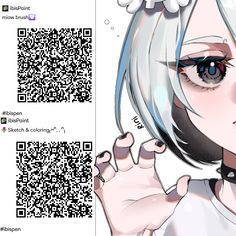 an anime character with long white hair and blue eyes has a qr code in front of her face