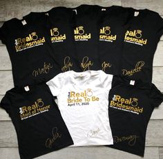 six t - shirts with gold lettering on them