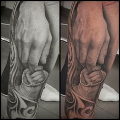 two different tattoos on the legs of people with hands holding each other's fingers