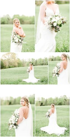 a woman in a wedding dress holding a bouquet and posing for pictures on the grass