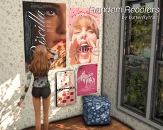 a doll is standing in front of a wall with posters on it and an open window