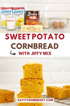 sweet potato cornbread with jiffy mix is shown in this image and the title says, sweet potato cornbread with jiffy mix